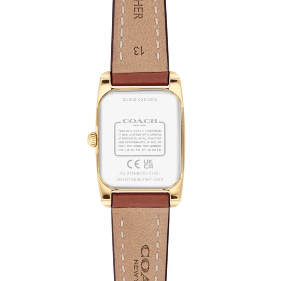 Ladies' Coach Reese Gold-Tone IP Stainless Steel Watch with White Dial and Brown Leather Strap (Model: 14504643)