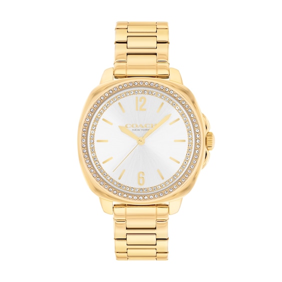 Ladies' Coach Kitt Crystal Bezel Gold-Tone IP Stainless Steel Watch with Silver-Tone Dial (Model: 14504636)