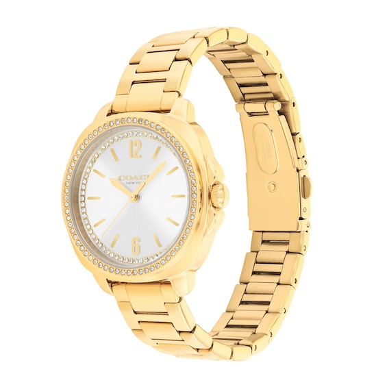 Ladies' Coach Kitt Crystal Bezel Gold-Tone IP Stainless Steel Watch with Silver-Tone Dial (Model: 14504636)