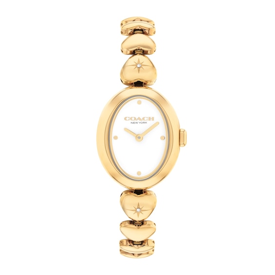 Ladies' Coach Sammy Gold-Tone IP Stainless Steel Watch with White Dial and Heart-Link Bracelet (Model: 14504638-T)