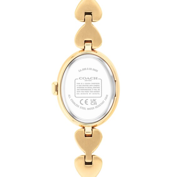 Ladies' Coach Sammy Gold-Tone IP Stainless Steel Watch with White Dial and Heart-Link Bracelet (Model: 14504638-T)