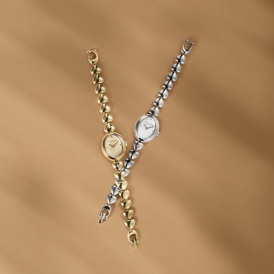 Ladies' Coach Sammy Gold-Tone IP Stainless Steel Watch with White Dial and Heart-Link Bracelet (Model: 14504638-T)