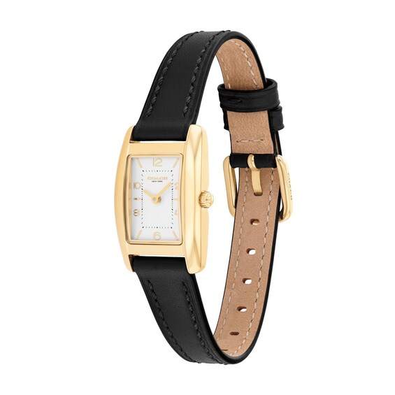 Ladies' Coach Reese Gold-Tone IP Stainless Steel Watch with Silver-White Dial and Black Leather Strap (Model: 14504647-T)