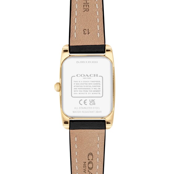 Ladies' Coach Reese Gold-Tone IP Stainless Steel Watch with Silver-White Dial and Black Leather Strap (Model: 14504647-T)