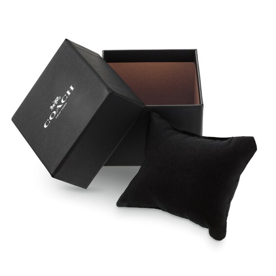 Ladies' Coach Reese Gold-Tone IP Stainless Steel Watch with Silver-White Dial and Black Leather Strap (Model: 14504647-T)