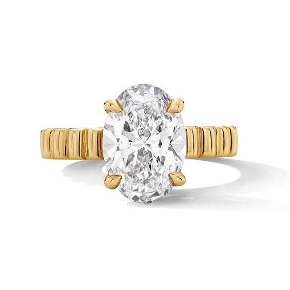 3 CT. T.w. Oval Certified Lab-Grown Diamond Solitaire Ribbed Engagement Ring in 14K Gold (F/Vs2)