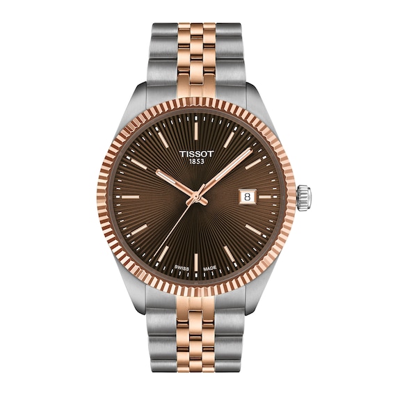 Men's Tissot Ballade Rose-Tone PVD and Stainless Steel Watch with Brown Dial (Model: T1564102229101)