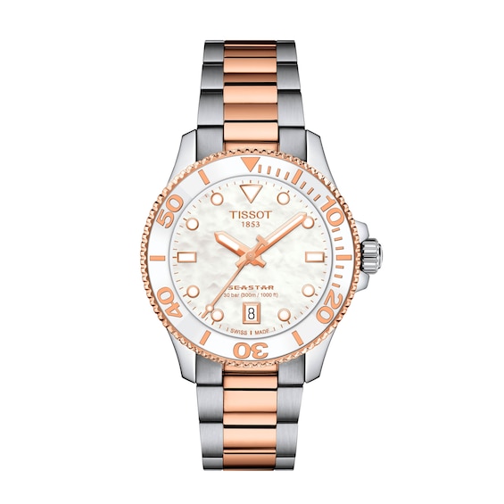 Ladies' Tissot Seastar 1000 Rose-Tone PVD and Stainless Steel Watch with Mother-of-Pearl Dial (Model: T1202102211100)