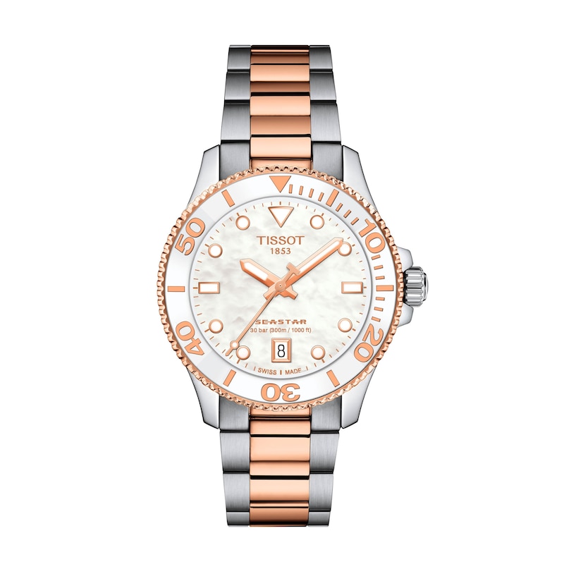 Main Image 1 of Ladies' Tissot Seastar 1000 Rose-Tone PVD and Stainless Steel Watch with Mother-of-Pearl Dial (Model: T1202102211100)