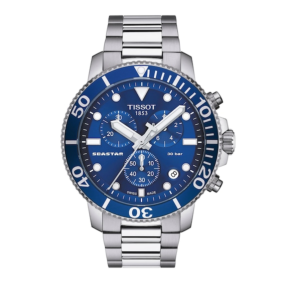 Men's Tissot Seastar 1000 Chronograph Stainless Steel Watch with Blue Dial (Model: T1204171104100)
