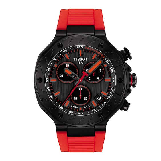 Men's Tissot T-Race Chronograph Black PVD Stainless Steel Watch with Red Silicone Strap (Model: T1414173706101)
