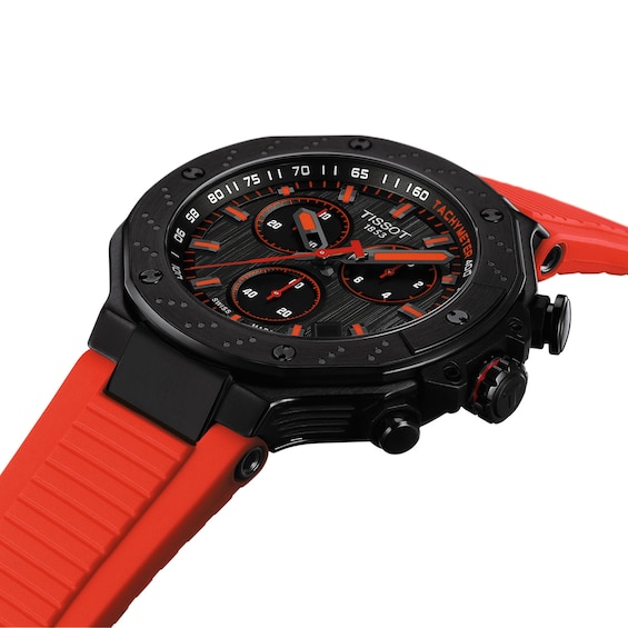 Men's Tissot T-Race Chronograph Black PVD Stainless Steel Watch with Red Silicone Strap (Model: T1414173706101)