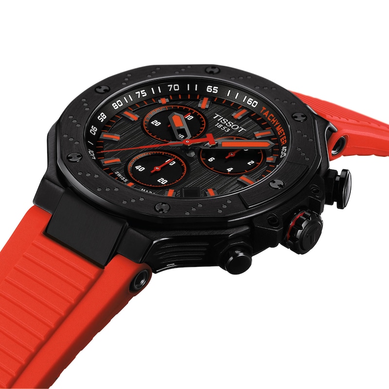 Main Image 6 of Men's Tissot T-Race Chronograph Black PVD Stainless Steel Watch with Red Silicone Strap (Model: T1414173706101)