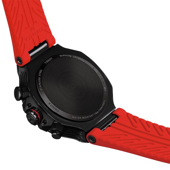 Men's Tissot T-Race Chronograph Black PVD Stainless Steel Watch with Red Silicone Strap (Model: T1414173706101)