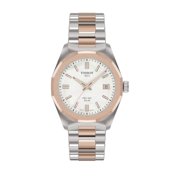 Ladies' Tissot PRC 100 Solar Rose-Tone PVD and Stainless Steel Watch with Mother-of-Pearl Dial (Model: T1518222211100)