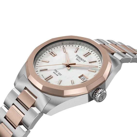 Ladies' Tissot PRC 100 Solar Rose-Tone PVD and Stainless Steel Watch with Mother-of-Pearl Dial (Model: T1518222211100)