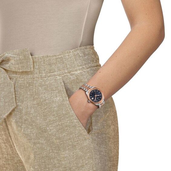 Ladies' Tissot Ballade Rose-Tone PVD and Stainless Steel Watch with Navy Blue Dial (Model: T1562102204100