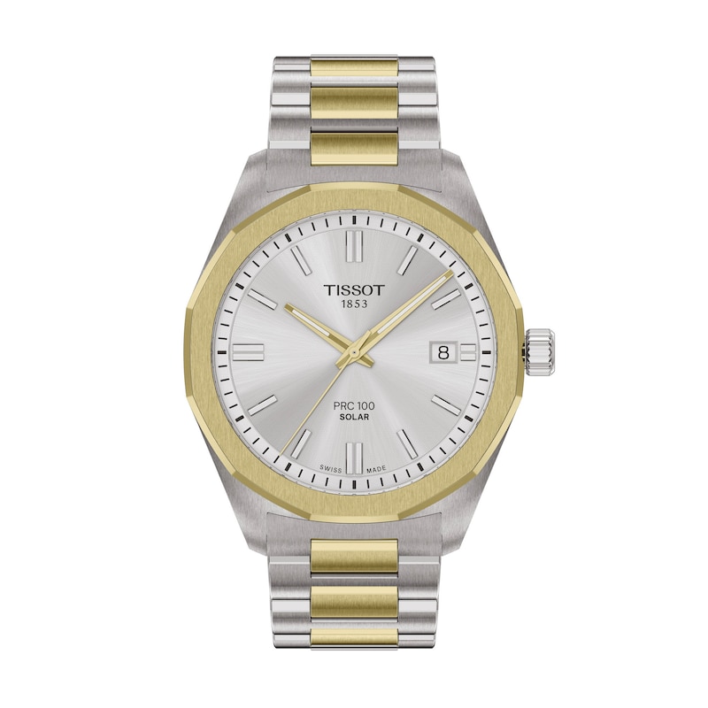 Main Image 1 of Men's Tissot PRC 100 Solar Gold-Tone PVD and Stainless Steel Watch with Silver-Tone Dial (Model: T1514222203100)