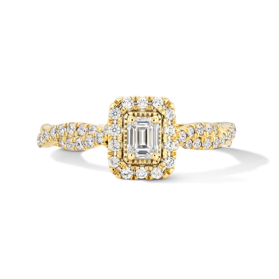1/2 CT. T.w. Emerald-Cut Certified Lab-Grown Diamond Frame Engagement Ring in 14K Gold (F/Vs2)