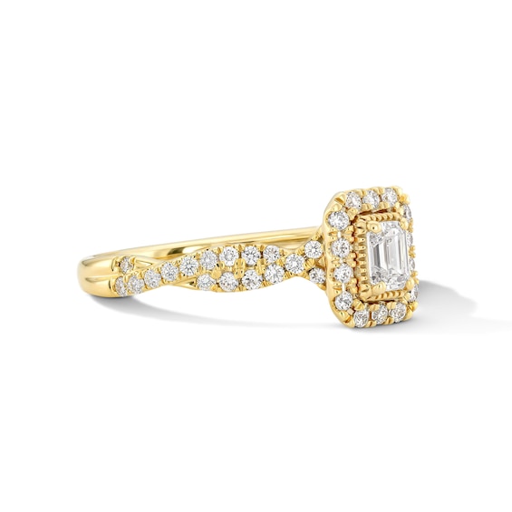 1/2 CT. T.w. Emerald-Cut Certified Lab-Grown Diamond Frame Engagement Ring in 14K Gold (F/Vs2)