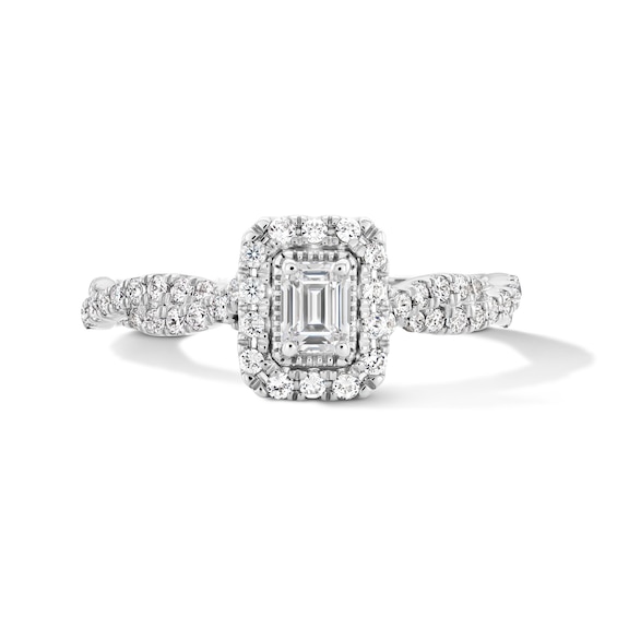 1/2 CT. T.w. Emerald-Cut Certified Lab-Grown Diamond Frame Engagement Ring in 14K White Gold (F/Vs2)