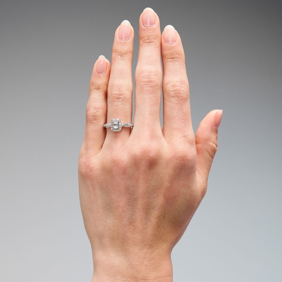 1/2 CT. T.w. Emerald-Cut Certified Lab-Grown Diamond Frame Engagement Ring in 14K White Gold (F/Vs2)