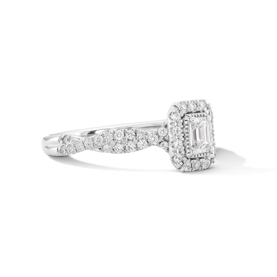1/2 CT. T.w. Emerald-Cut Certified Lab-Grown Diamond Frame Engagement Ring in 14K White Gold (F/Vs2)