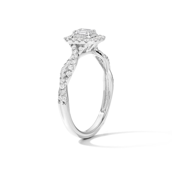 1/2 CT. T.w. Emerald-Cut Certified Lab-Grown Diamond Frame Engagement Ring in 14K White Gold (F/Vs2)