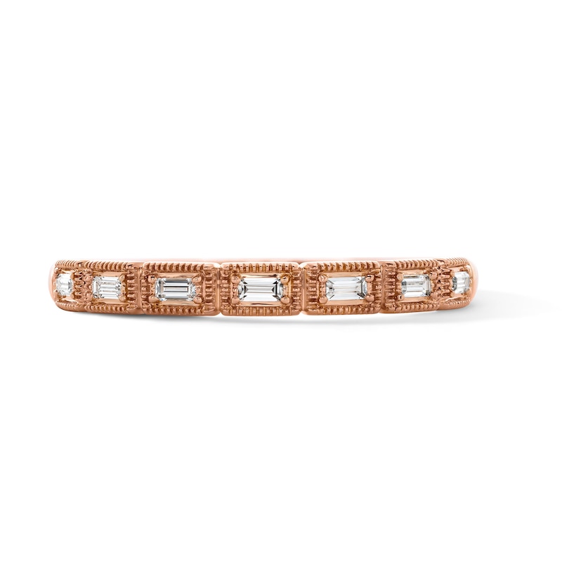 Main Image 1 of 1/10 CT. T.W. Baguette-Cut Lab-Grown Diamond Milgrain Anniversary Ring in 10K Rose Gold (F/VS2)