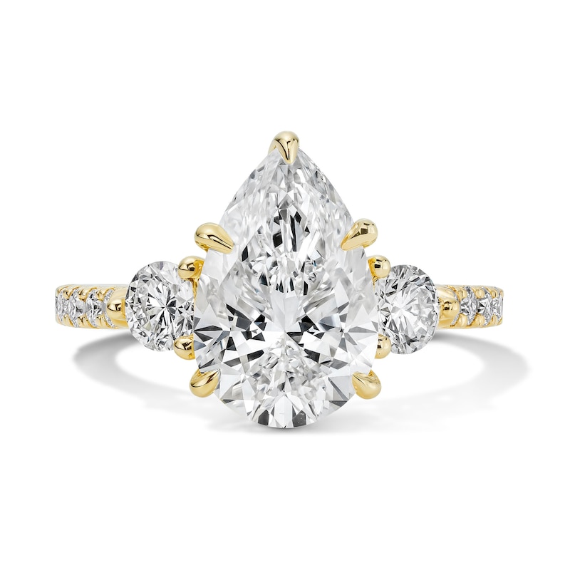 Main Image 1 of 3-3/4 CT. T.W. Certified Pear-Shaped Lab-Grown Diamond Three-Stone Engagement Ring in 14K Gold (F/VS2)