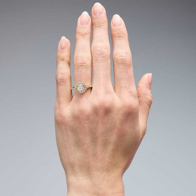 Main Image 2 of 1 CT. T.W. Pear-Shaped Certified Lab-Grown Diamond Frame Engagement Ring in 14K Gold (F/VS2)