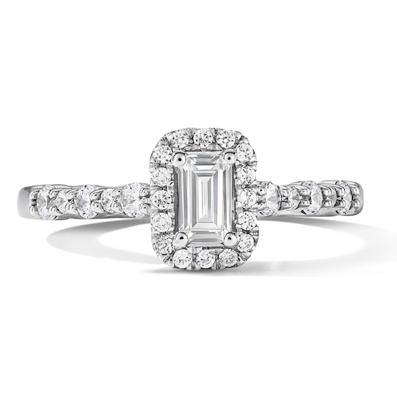 3/4 CT. T.w. Emerald-Cut Certified Lab-Grown Diamond Frame Engagement Ring in 14K White Gold (F/Vs2)