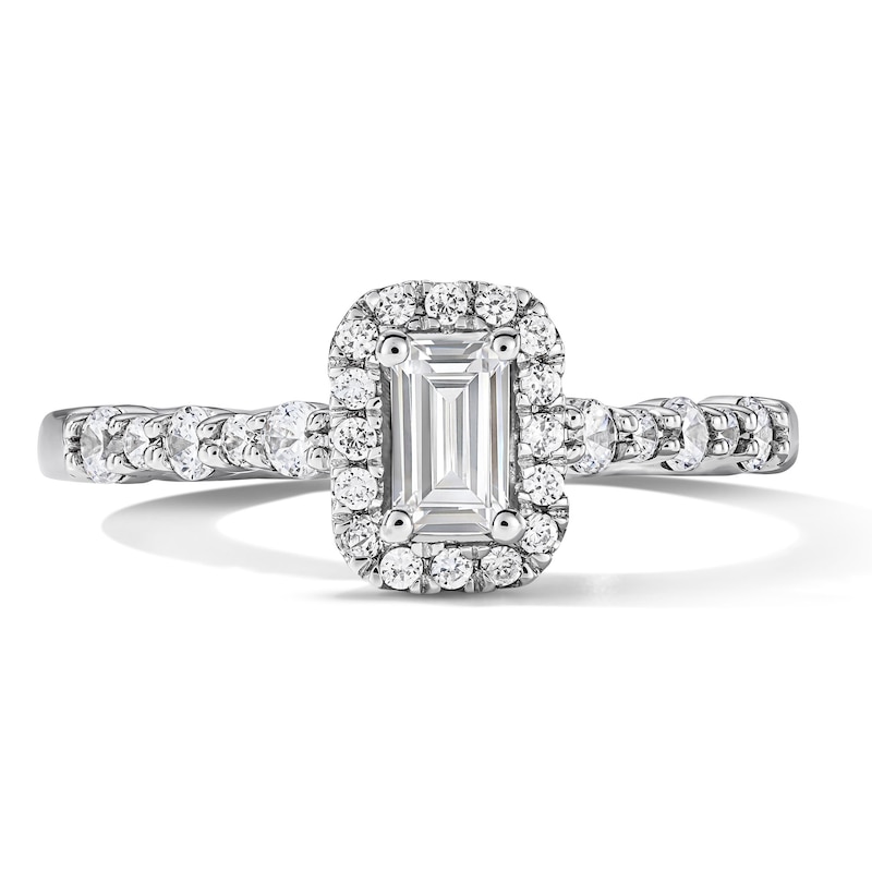 Main Image 1 of 3/4 CT. T.W. Emerald-Cut Certified Lab-Grown Diamond Frame Engagement Ring in 14K White Gold (F/VS2)