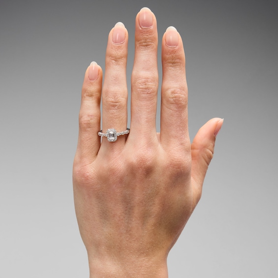 3/4 CT. T.w. Emerald-Cut Certified Lab-Grown Diamond Frame Engagement Ring in 14K White Gold (F/Vs2)