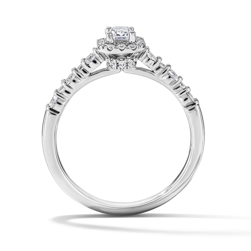 Main Image 3 of 3/4 CT. T.W. Emerald-Cut Certified Lab-Grown Diamond Frame Engagement Ring in 14K White Gold (F/VS2)