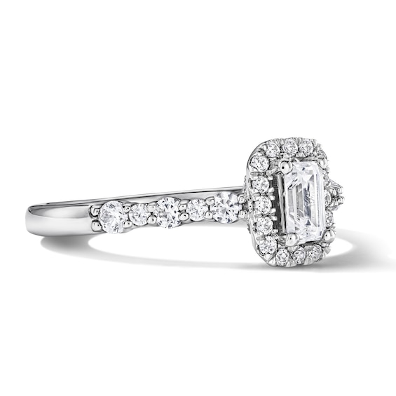 3/4 CT. T.w. Emerald-Cut Certified Lab-Grown Diamond Frame Engagement Ring in 14K White Gold (F/Vs2)