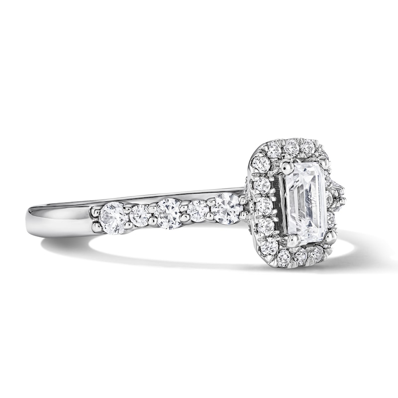 Main Image 4 of 3/4 CT. T.W. Emerald-Cut Certified Lab-Grown Diamond Frame Engagement Ring in 14K White Gold (F/VS2)