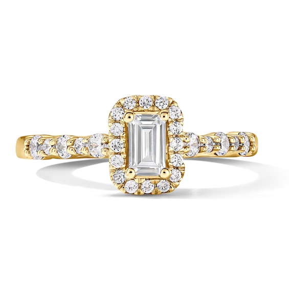 3/4 CT. T.w. Emerald-Cut Certified Lab-Grown Diamond Frame Engagement Ring in 14K Gold (F/Vs2)