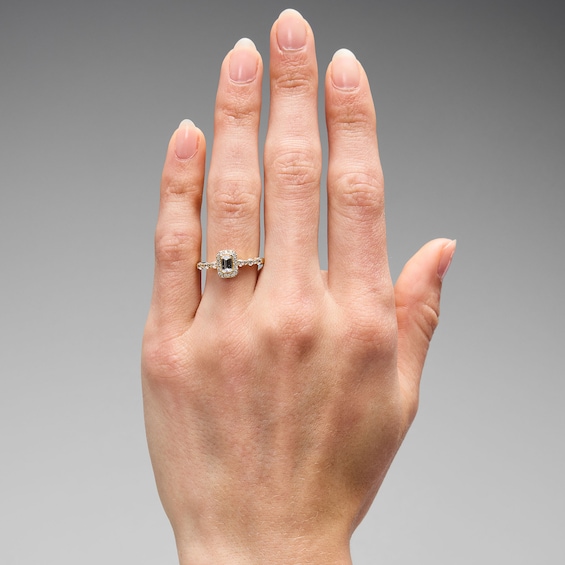 3/4 CT. T.w. Emerald-Cut Certified Lab-Grown Diamond Frame Engagement Ring in 14K Gold (F/Vs2)