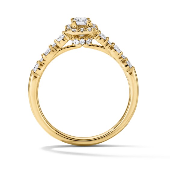 3/4 CT. T.w. Emerald-Cut Certified Lab-Grown Diamond Frame Engagement Ring in 14K Gold (F/Vs2)