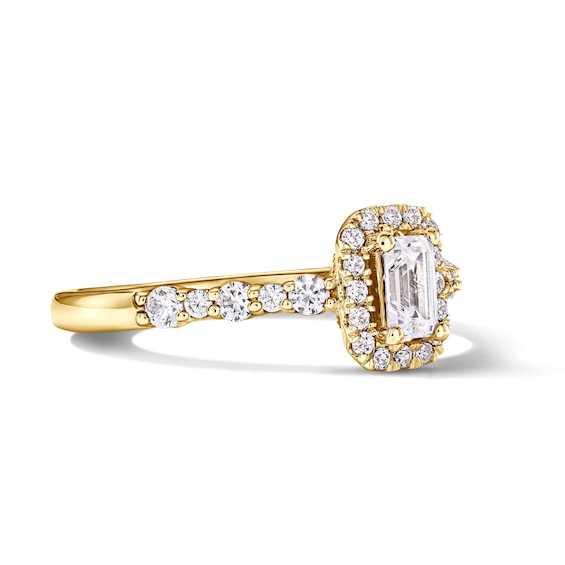 3/4 CT. T.w. Emerald-Cut Certified Lab-Grown Diamond Frame Engagement Ring in 14K Gold (F/Vs2)