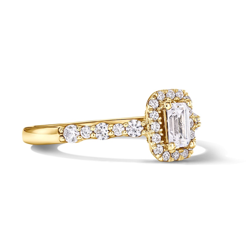 Main Image 4 of 3/4 CT. T.W. Emerald-Cut Certified Lab-Grown Diamond Frame Engagement Ring in 14K Gold (F/VS2)