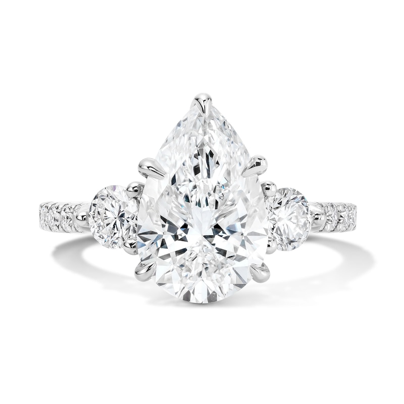 Main Image 1 of 3-3/4 CT. T.W. Certified Pear-Shaped Lab-Grown Diamond Three-Stone Engagement Ring in 14K White Gold (F/VS2)