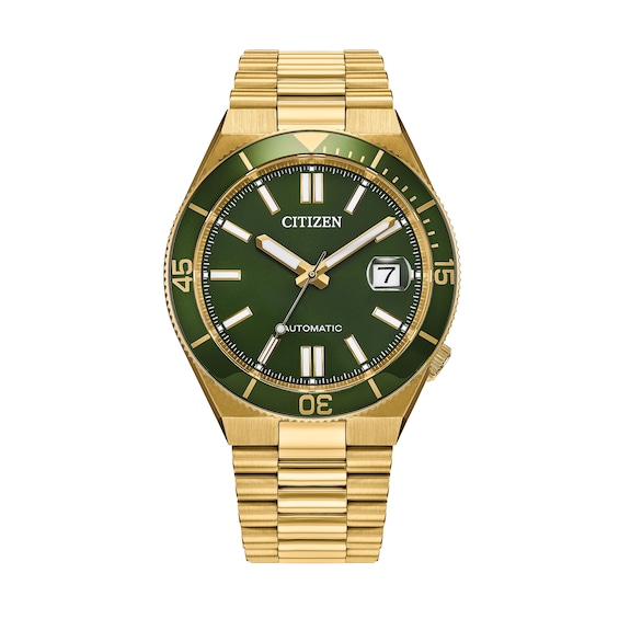 Men's Citizen Tsuyosa Shore Gold-Tone IP Stainless Steel Watch with Green Dial (Model: Nj0232-53X)