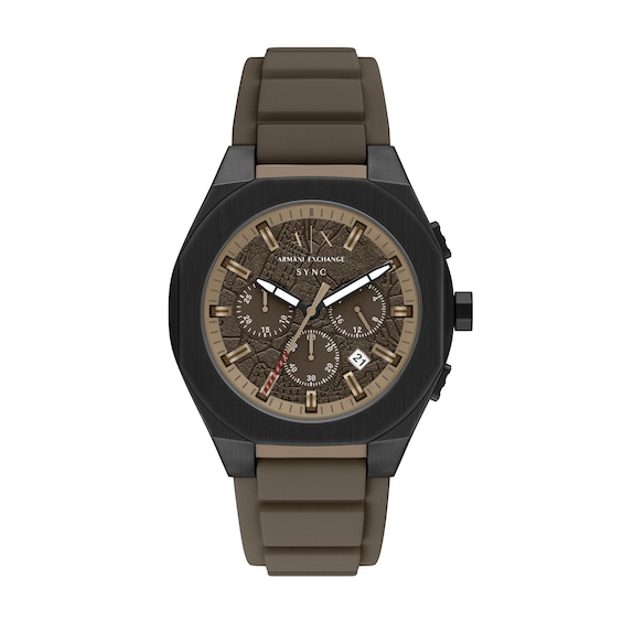 Armani Exchange Sync Chronograph Black IP Stainless Steel Watch with Brown Dial and Brown Silicone Strap (Model: Ax4293)