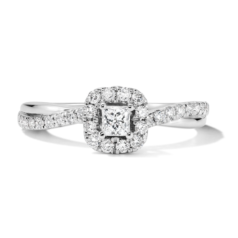 Main Image 1 of 1/2 CT. T.W. Princess-Cut Certified Lab-Grown Diamond Frame Promise Ring in 10K White Gold (F/VS2)