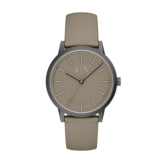 Men's Armani Exchange Gray IP Stainless Steel Watch with Taupe Dial and Taupe Leather Strap (Model: Ax2766)