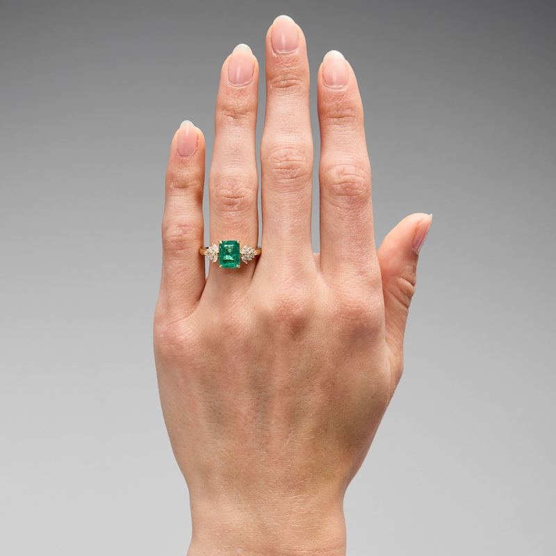 Main Image 2 of Emerald-Cut Emerald and 1/3 CT. T.W. Certified Lab-Grown Diamond Engagement Ring in 14K Gold (F/VS2)
