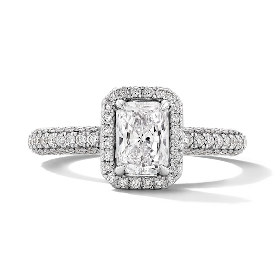 Grand Firework 1-3/8 CT. T.w. Radiant-Cut Certified Lab-Grown Diamond Frame Engagement Ring in 14K White Gold (F/Vs2)