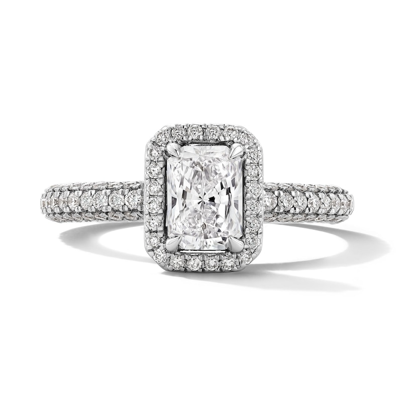 Main Image 1 of Grand Firework 1-3/8 CT. T.W. Radiant-Cut Certified Lab-Grown Diamond Frame Engagement Ring in 14K White Gold (F/VS2)